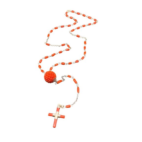 Red Coral Rosary Necklace Sterling Silver Genuine Coral Branch Beads Handcrafted